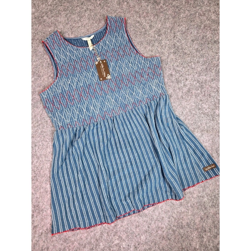 Matilda Jane Enchanted Garden Blue Red Roxie Striped Smocked Tank Top‎ Large NEW